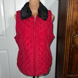 I.N. Studio Red Quilted Vest with Removable Black Faux Fur Collar